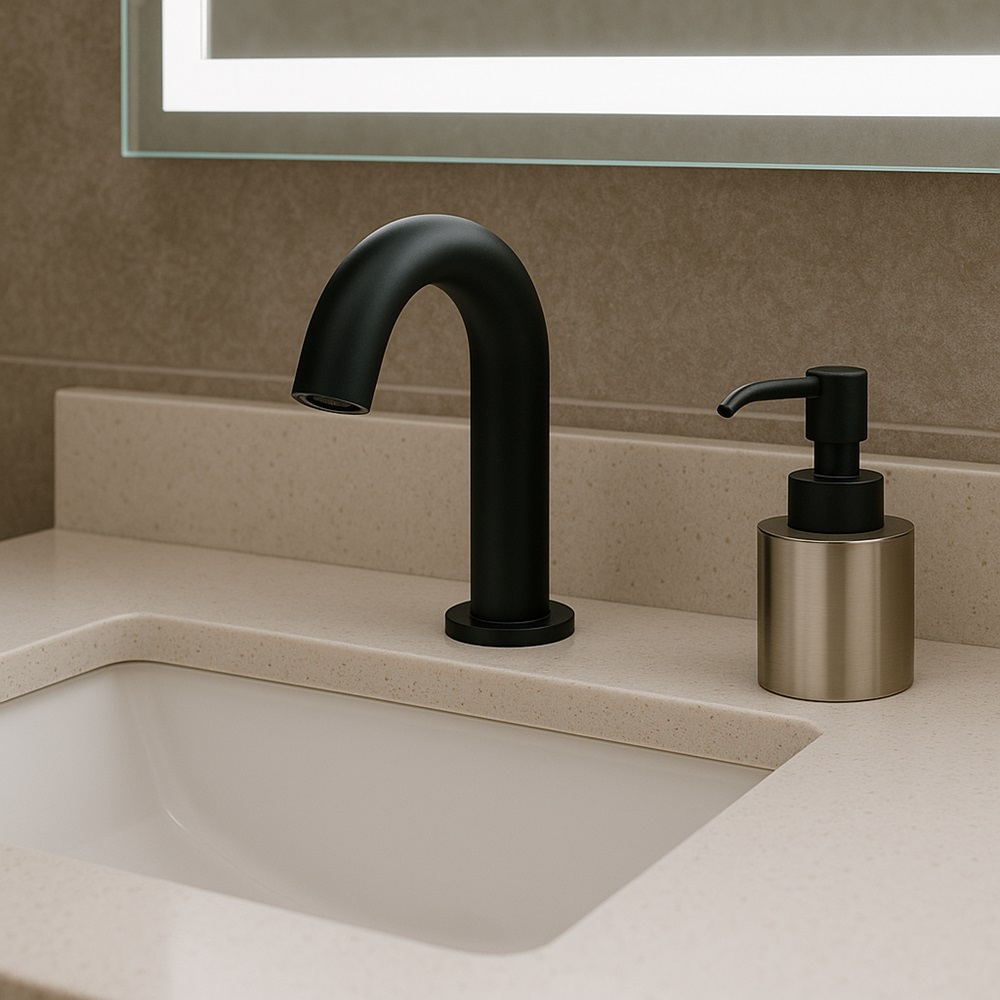 Commercial faucet positioned over a coordinated basin with accessories in reach